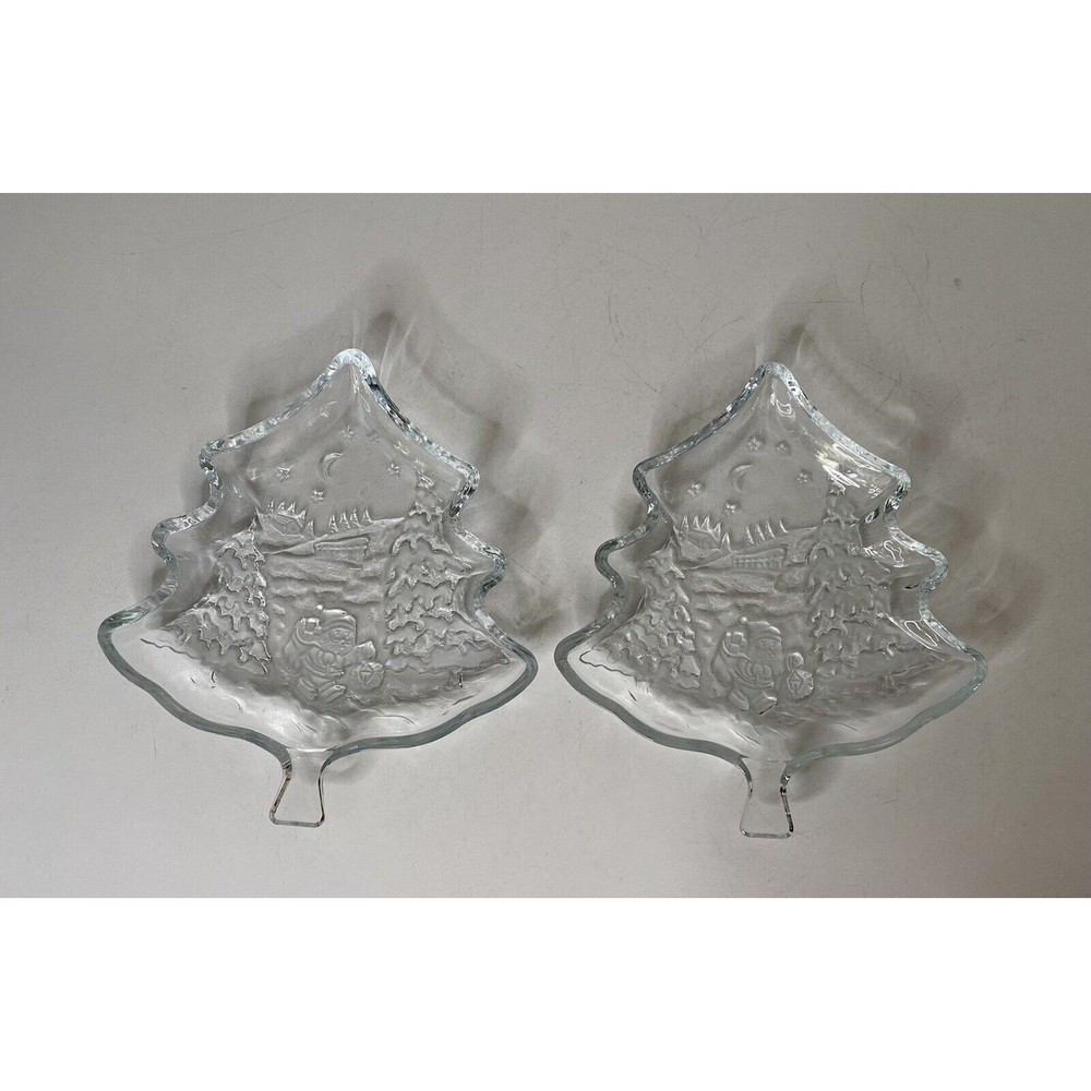 Bali Indonesia Pressed Glass Christmas Tree Shaped Candy Trinket Dish Set Of 2